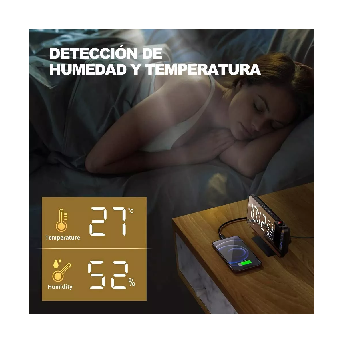 Reloj Despertador Con Proyector Led, Radio, Puerto Carga Usb Negro