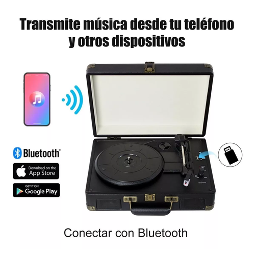 Tocadiscos De Vinilo Negro Retro Portátil Con Bluetooth