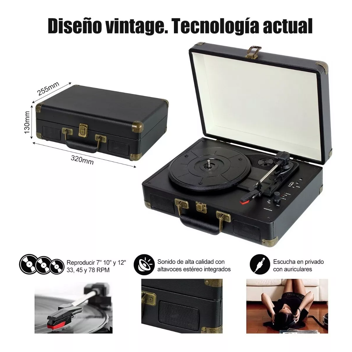 Tocadiscos bluetooth con altavoz integrado, grabación USB y 3 velocidades,  reproducción de discos de vinilo, negro