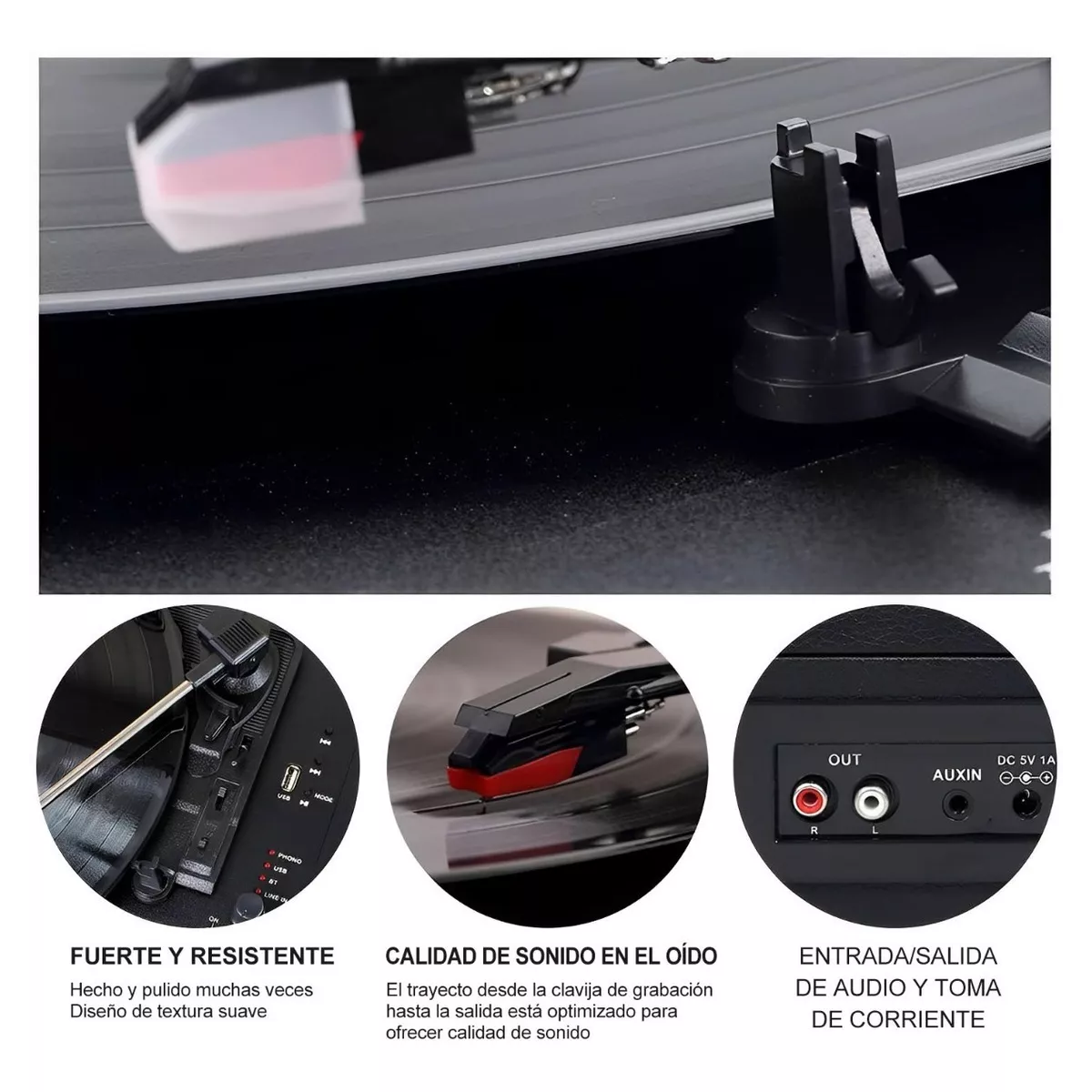 Tocadiscos De Vinilo Negro Retro Portátil Con Bluetooth