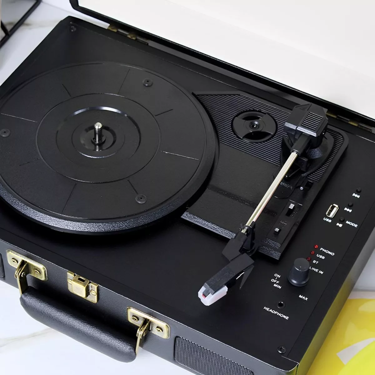 Tocadiscos De Vinilo Negro Retro Portátil Con Bluetooth