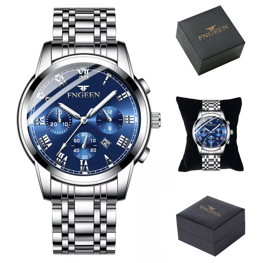 Reloj Hombre Original De Acero Inoxidable Con Fechador Plata Azul