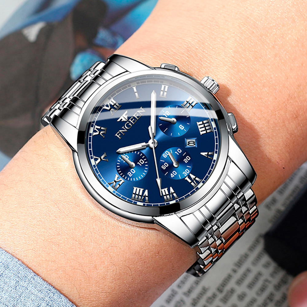 Reloj Hombre Original De Acero Inoxidable Con Fechador Plata Azul