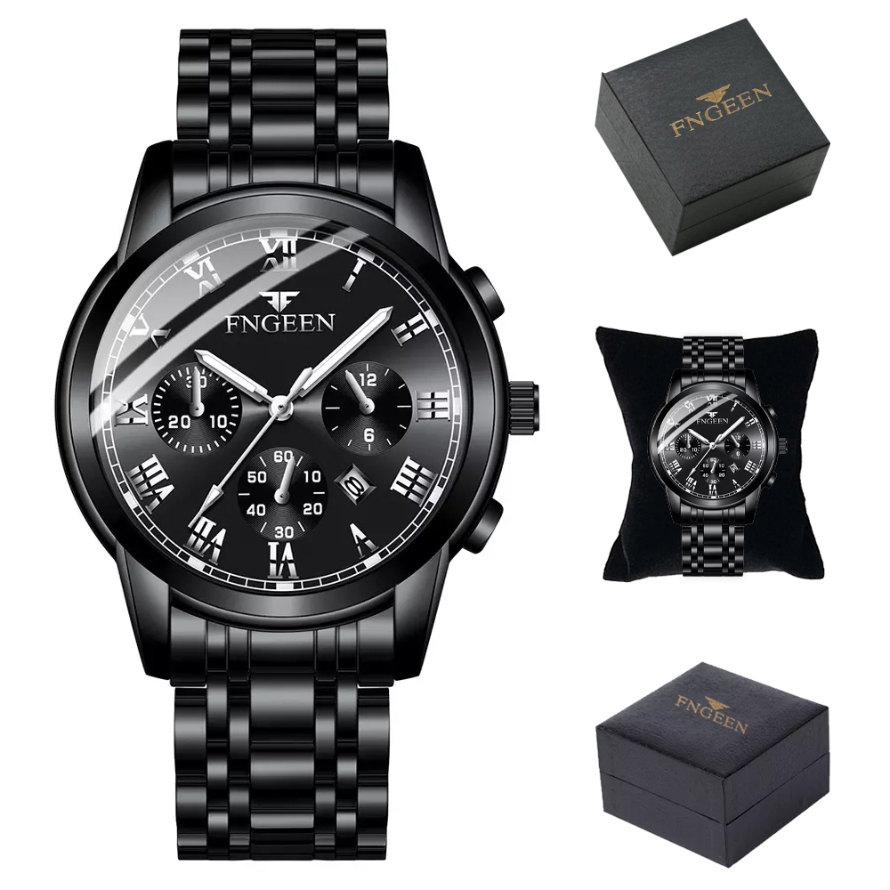 Reloj Hombre Original De Acero Inoxidable Con Fechador Negro Negro