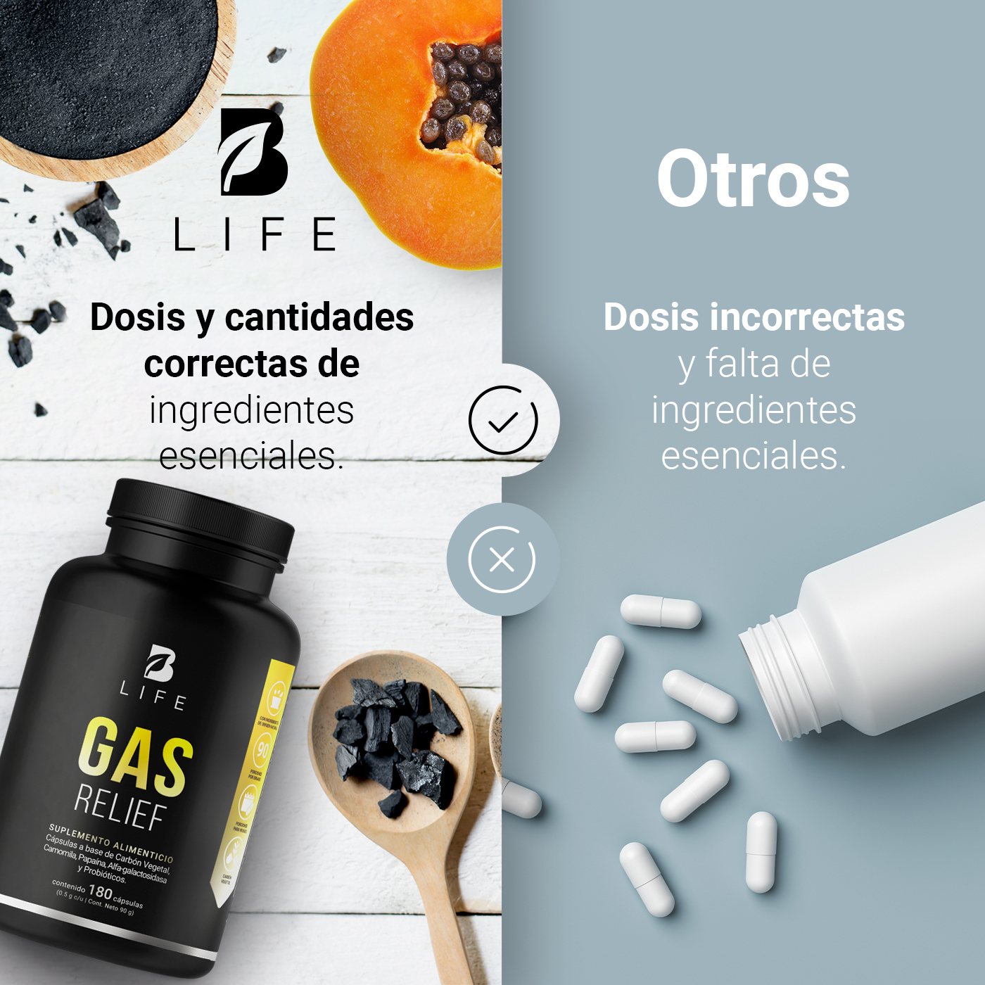 Gas Relief de 180 cápsulas. Ingredientes naturales. Gas Relief B Life.