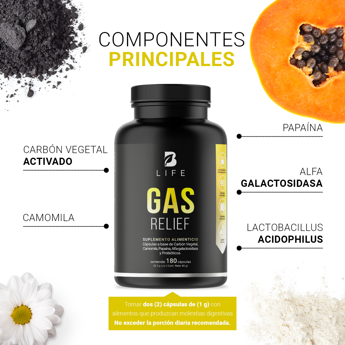 Gas Relief de 180 cápsulas. Ingredientes naturales. Gas Relief B Life.