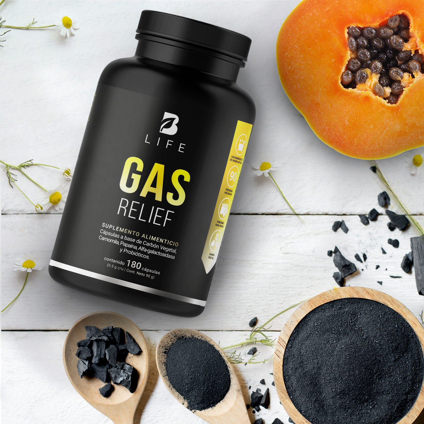 Gas Relief de 180 cápsulas. Ingredientes naturales. Gas Relief B Life.