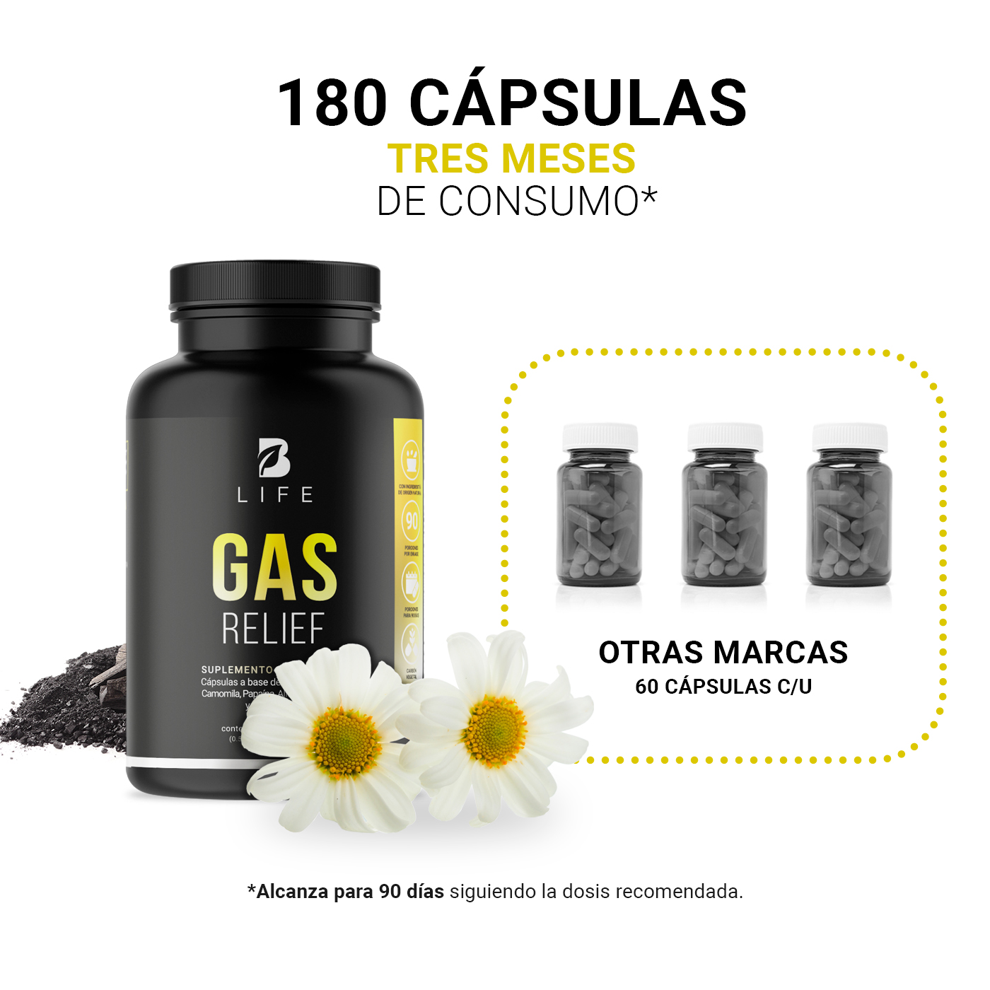 Gas Relief de 180 cápsulas. Ingredientes naturales. Gas Relief B Life.