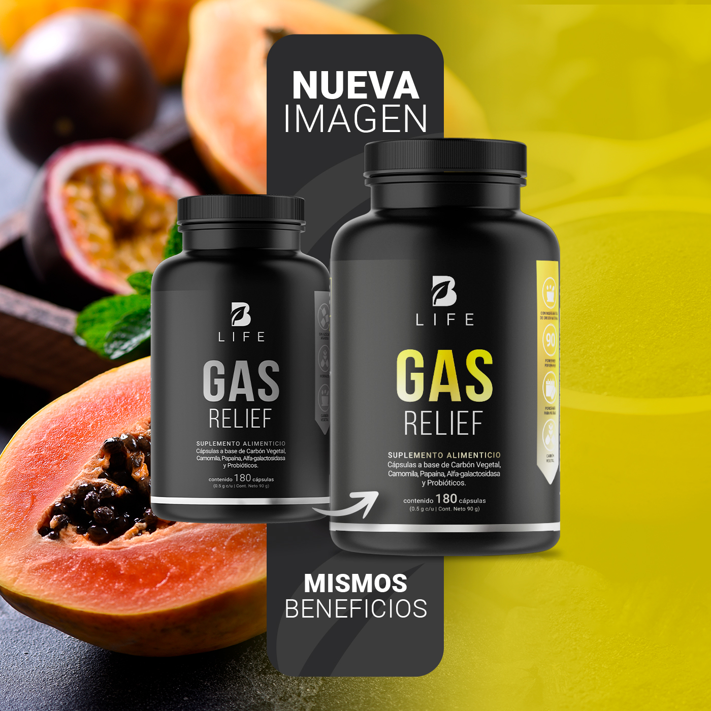 Gas Relief de 180 cápsulas. Ingredientes naturales. Gas Relief B Life.