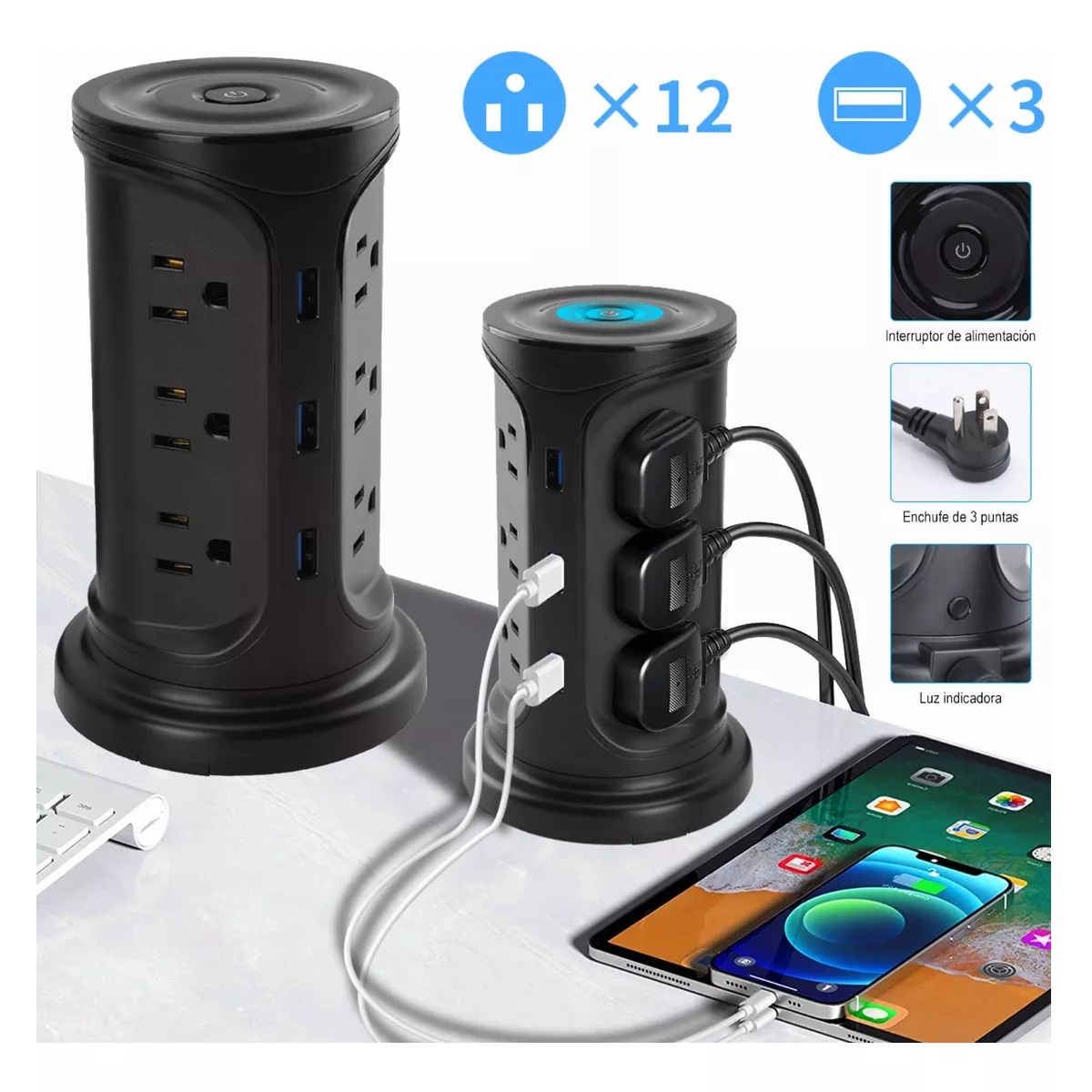 Regleta Vertical Torre Enchufe De Múltiple Estación De Carga Negro