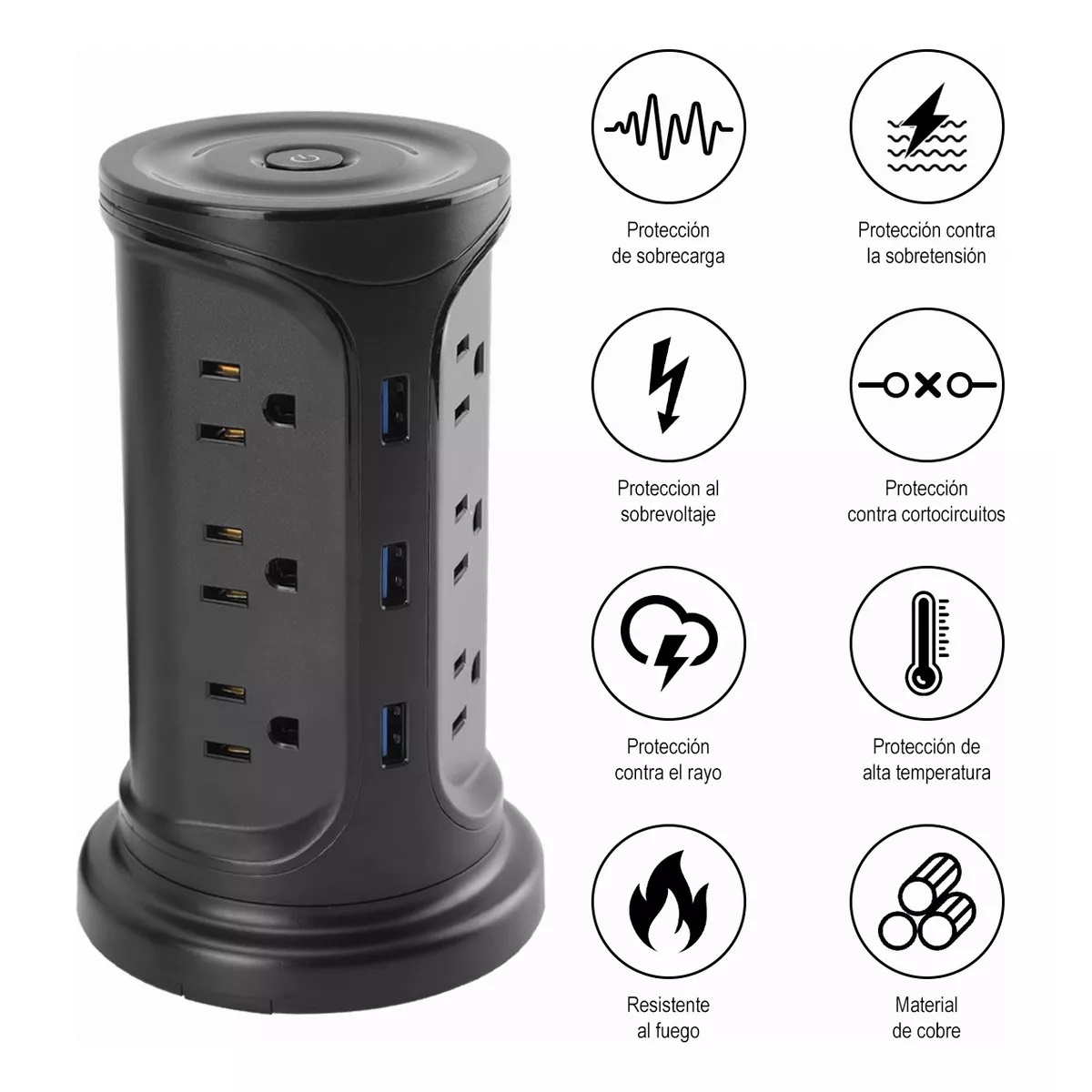 Regleta Vertical Torre Enchufe De Múltiple Estación De Carga Negro