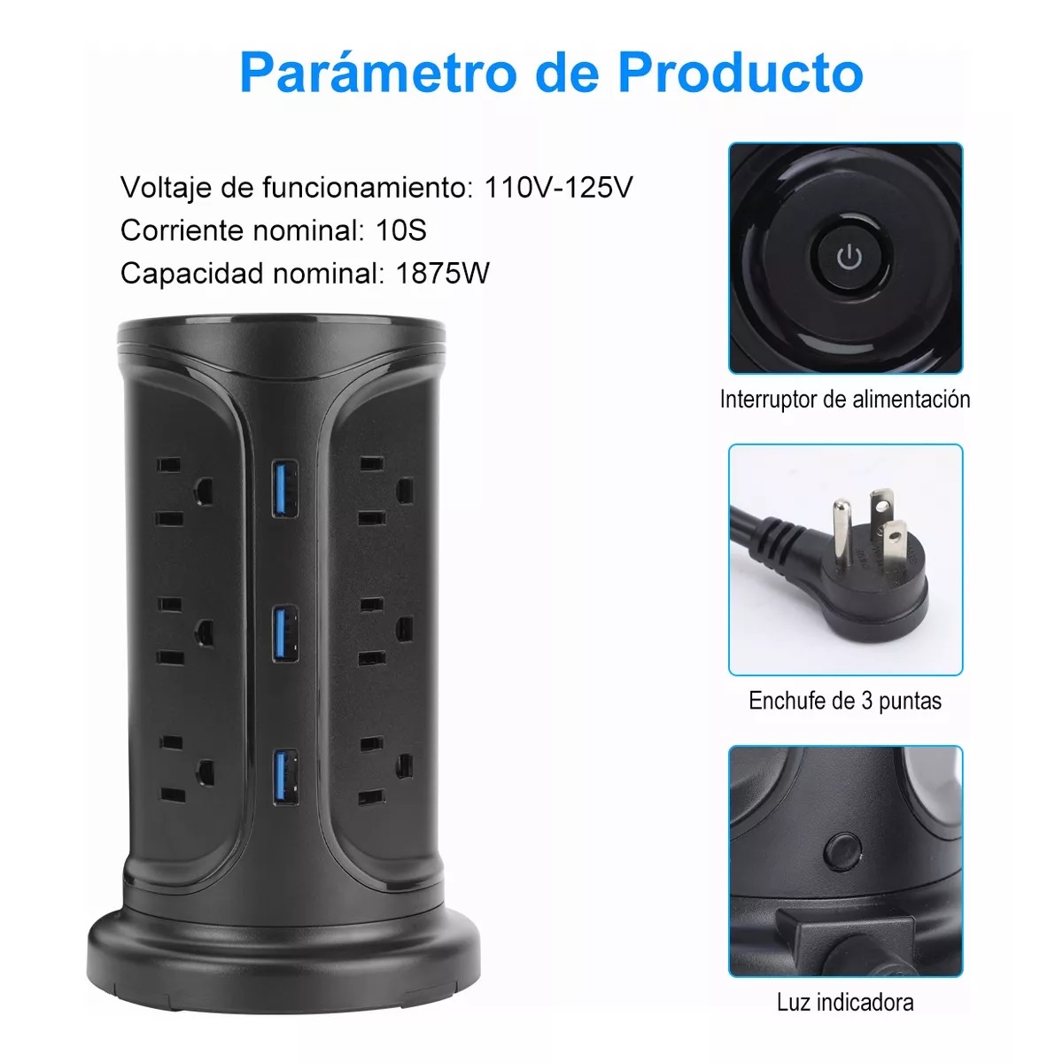 Regleta Vertical Torre Enchufe De Múltiple Estación De Carga Negro