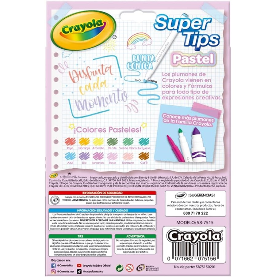 Super Tips Pastel, Marcadores Crayola, 12 Piezas
