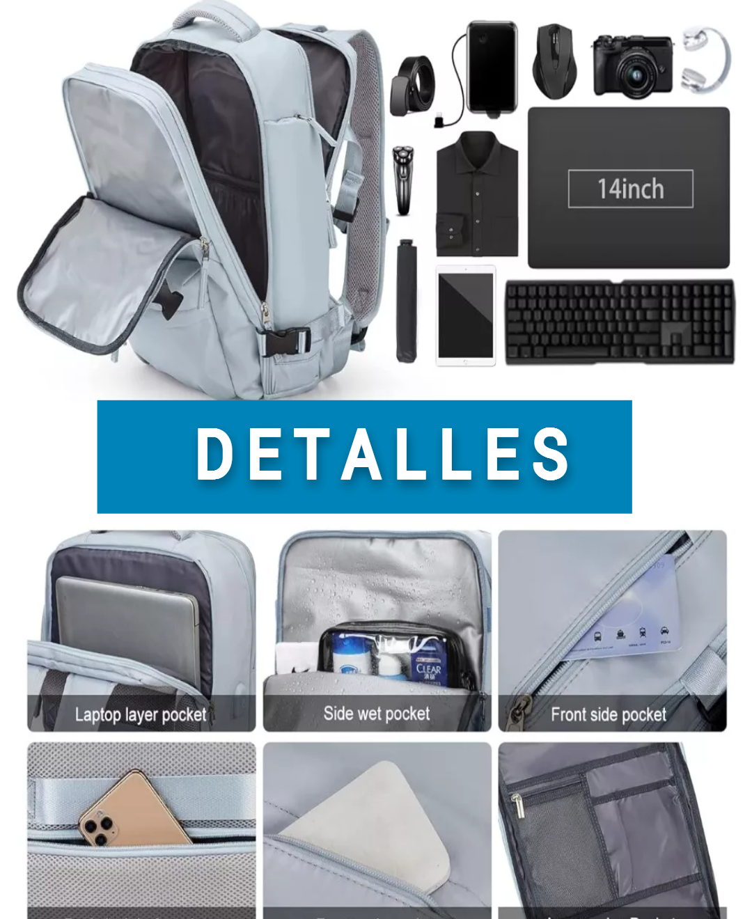 Mochila De Viaje Grande, Mochila Impermeable Para Senderismo color AZUL.