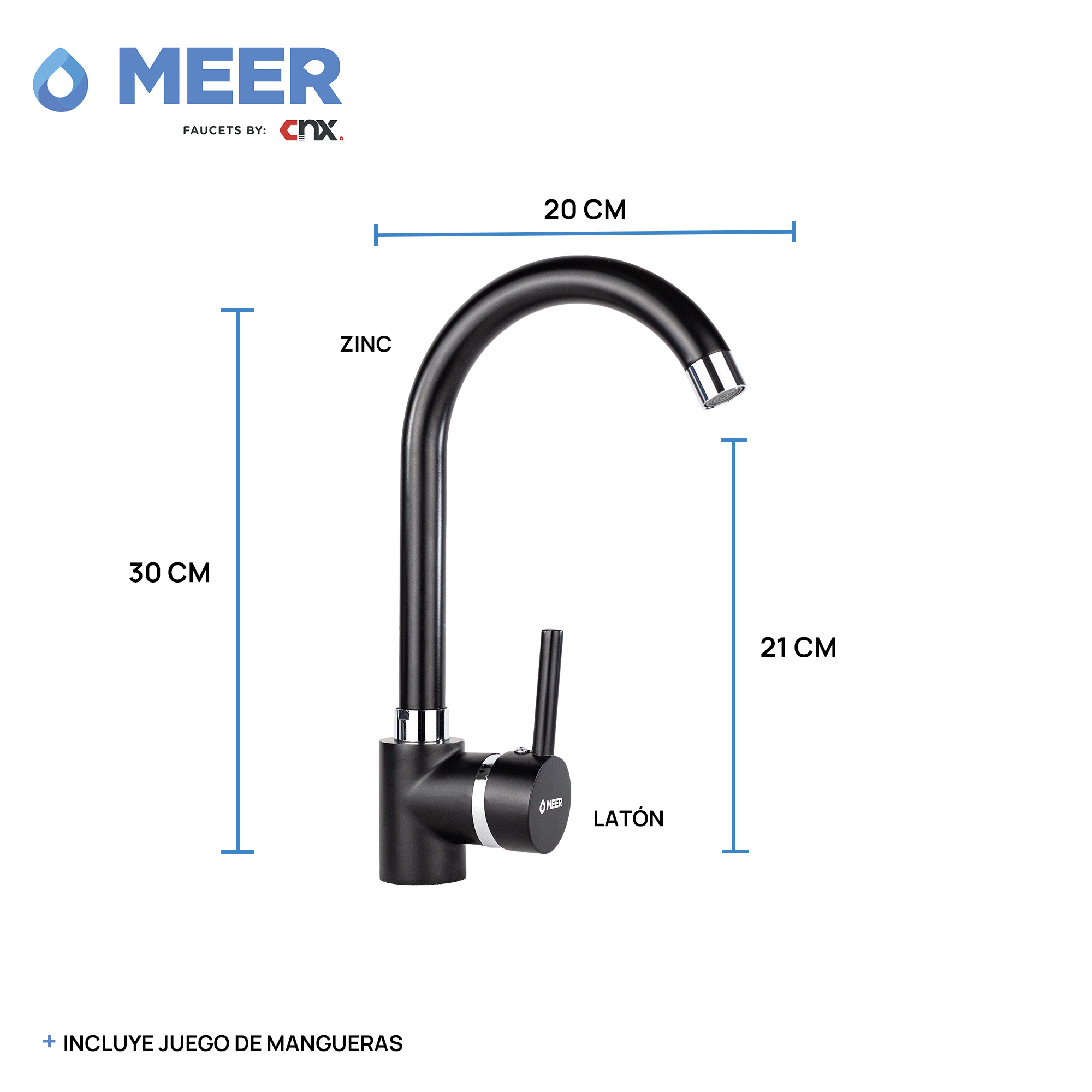 Mezcladora Monomando para Fregadero en Negro Mate, Incluye mangueras para agua fría y caliente.