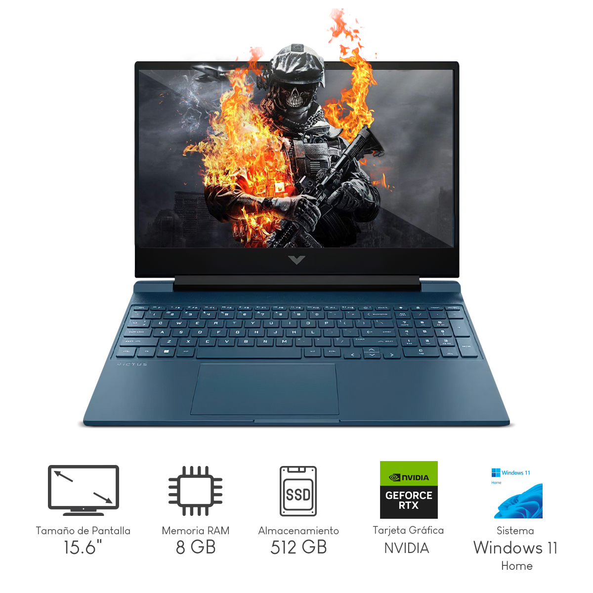 Laptop Gamer HP Victus Gaming 15-fa1093dx Intel CI5 8GB 512GB ssd 15.6Pulg fhd NVIDIA Geforce rtx-3050 6GB W11H Blue