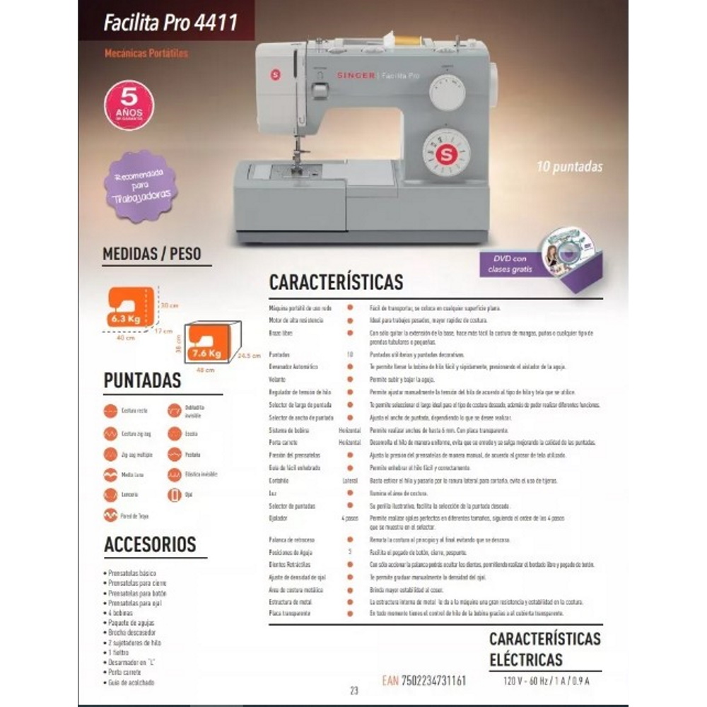 Máquina Coser Facilita Pro 4411 Gris 10 Puntadas Singer.