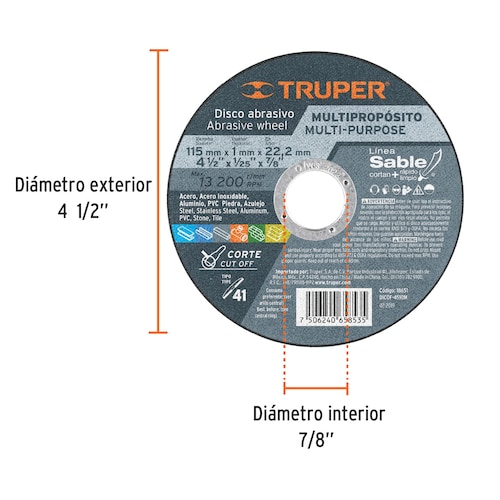 DISCO TIPO 41 DE 4-1/2" X 1 MM CORTE MULTIMATERIAL, SABLE TRUPER 18651
