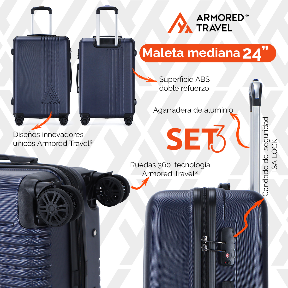 Maletas de viaje Rígidas set grande kit 3 piezas 28 24 20 pulgadas carry on ABS doble calibre candado de alta seguridad TSA LOCK Azul Navy SKY Armored travel