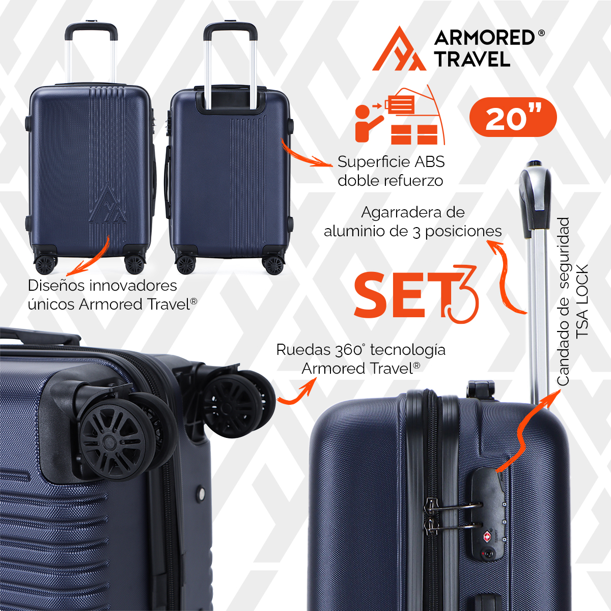 Maletas de viaje Rígidas set grande kit 3 piezas 28 24 20 pulgadas carry on ABS doble calibre candado de alta seguridad TSA LOCK Azul Navy SKY Armored travel