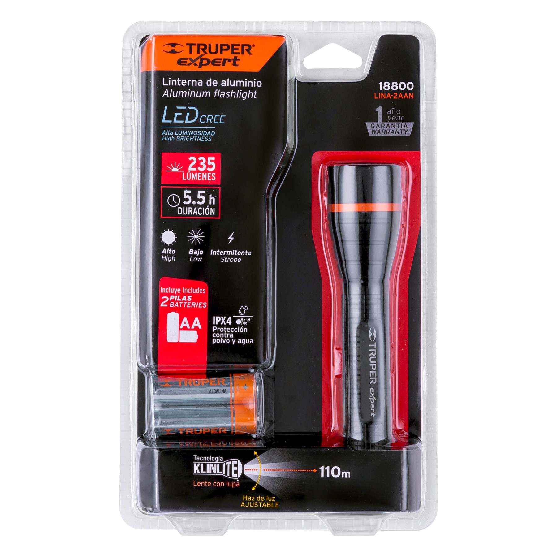 LINTERNA DE ALUMINIO LED CREE 235 LM CON 2 PILAS AA, TRUPER 18800