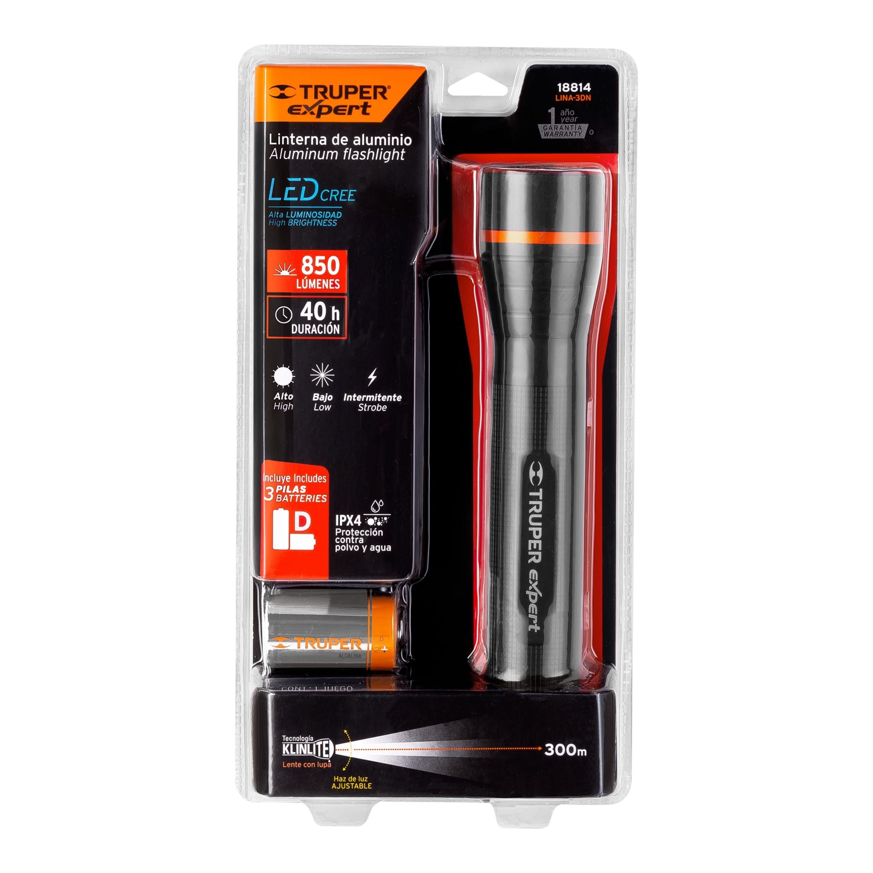 LINTERNA DE ALUMINIO LED CREE 850 LM CON 3 PILAS D, TRUPER 18814