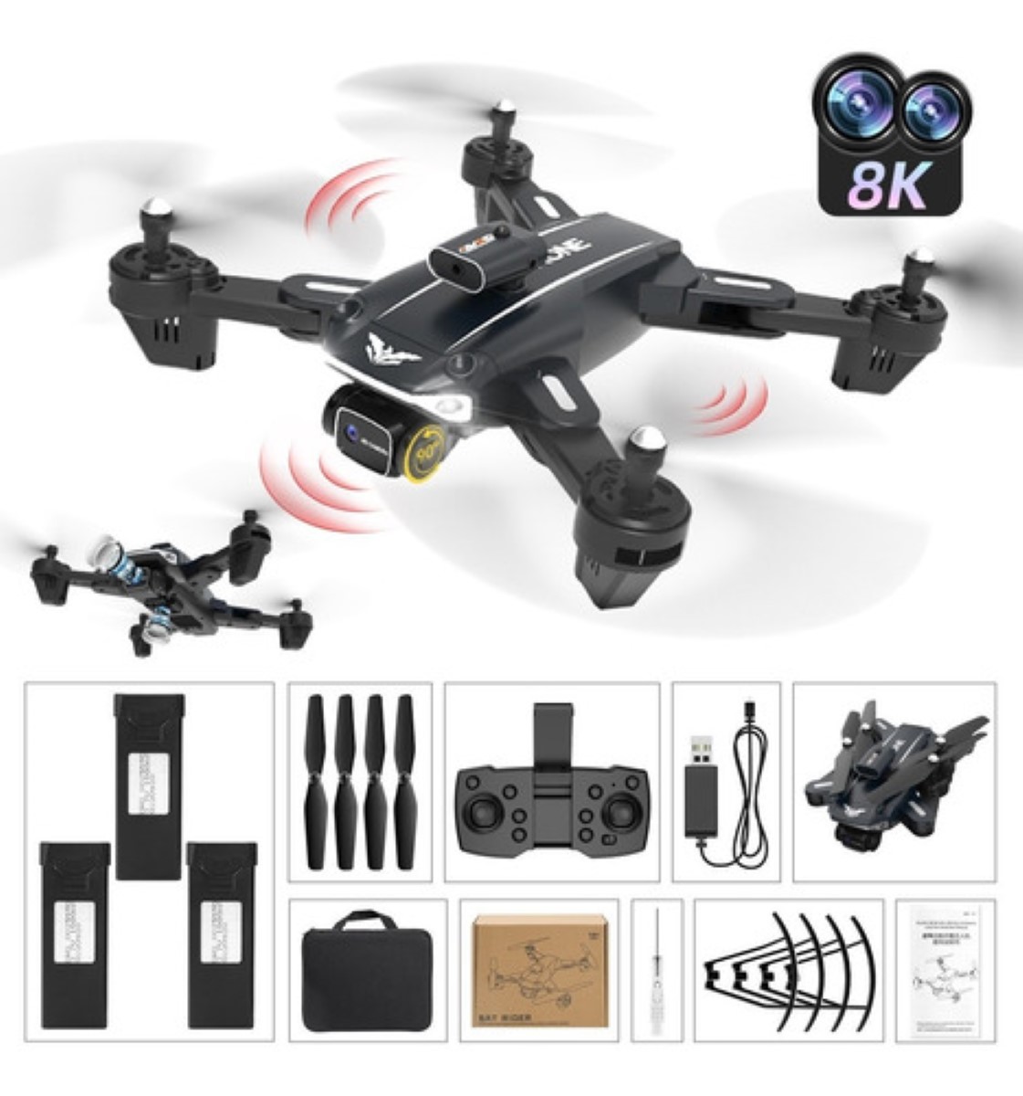 Drone Con Cámara 4k Cámara Doble Evitación De Obstáculos Negro Lineas Blancas