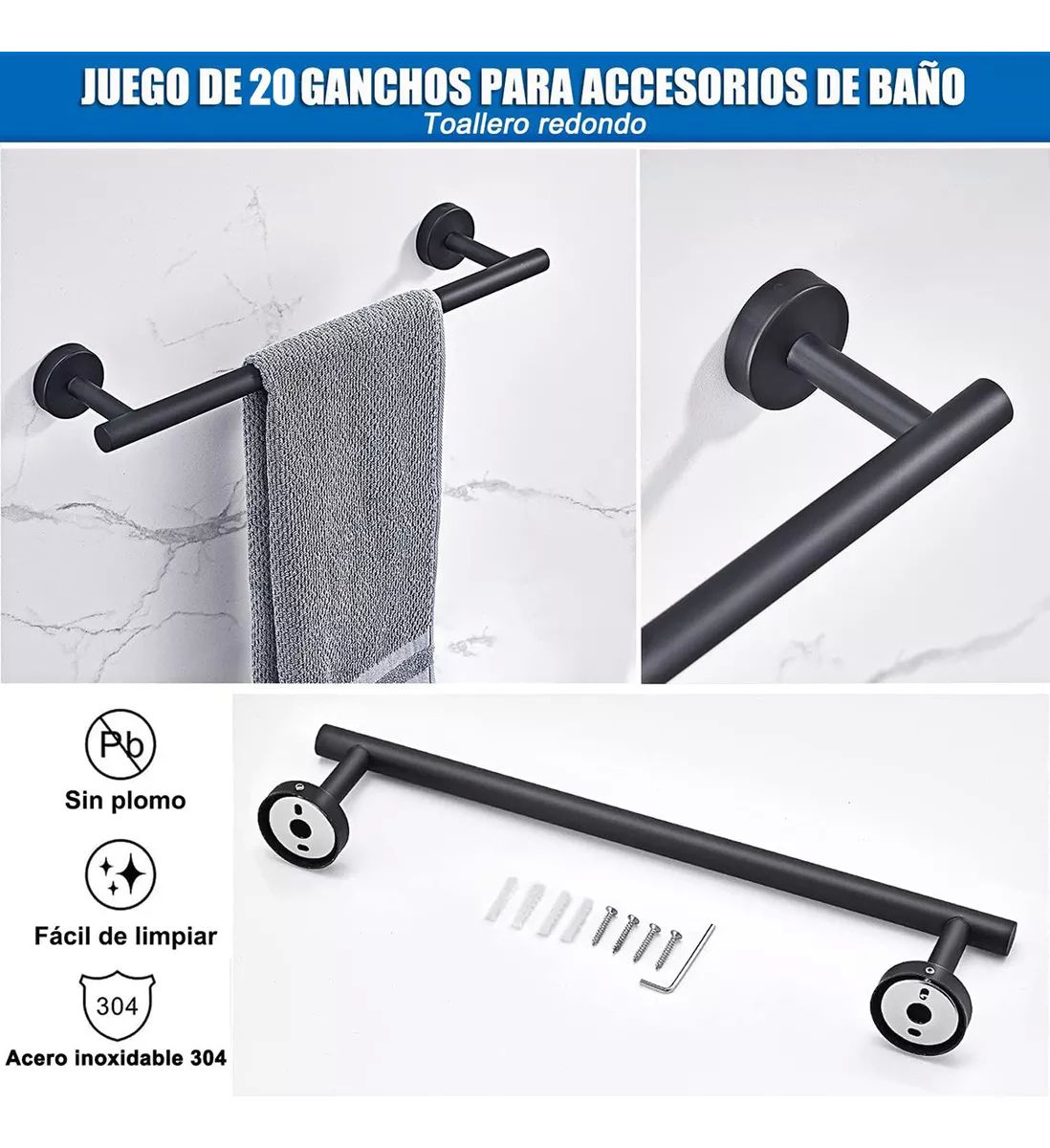 Juego Sets De Accesorios Para Baño Inoxidable Negro 20pcs
