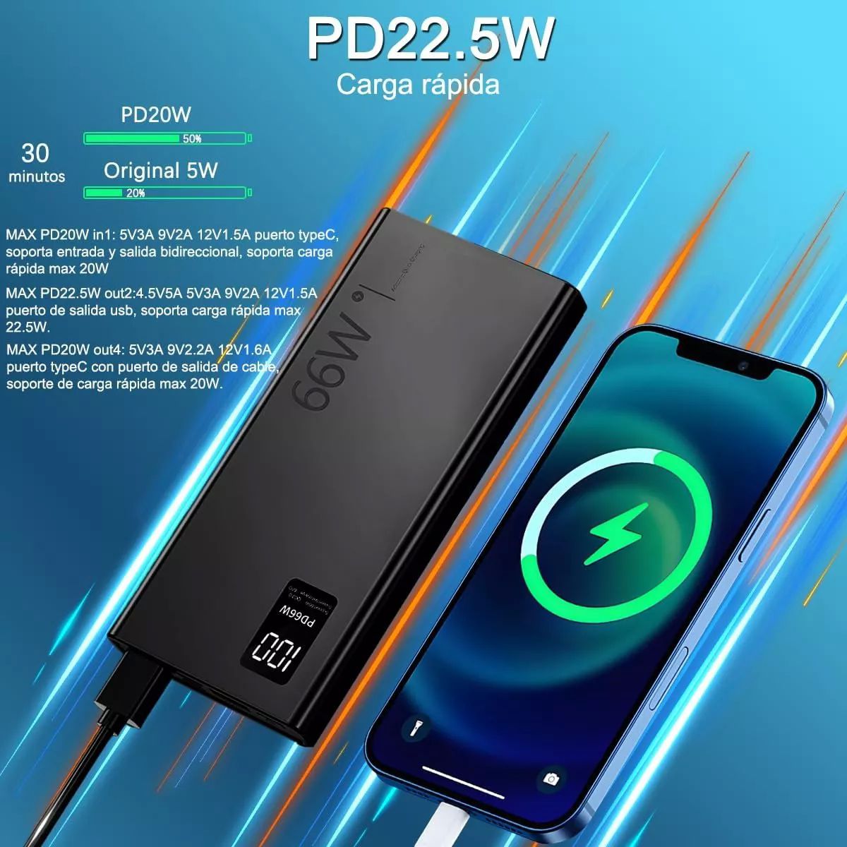 Power Bank Batería Portátil 30000mah Súper Carga Rápida 66w