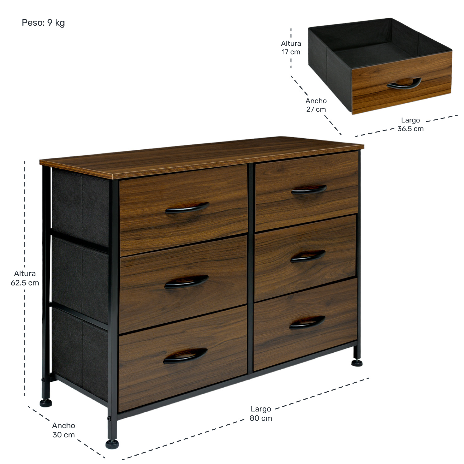 Comoda Cajonera Mueble 6 Cajones Metal Organizador Madera Cafe Oscuro