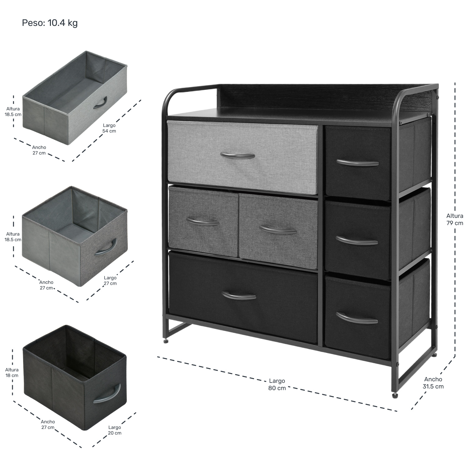 Mueble Buro Organizador Comoda Cafe Metal 7 Cajoneras Tela