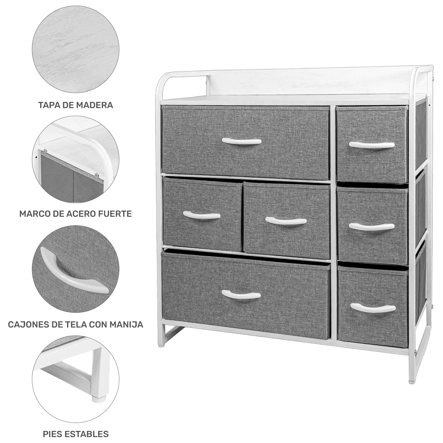 Mueble Buro Organizador Comoda Gris Metal 7 Cajoneras Tela