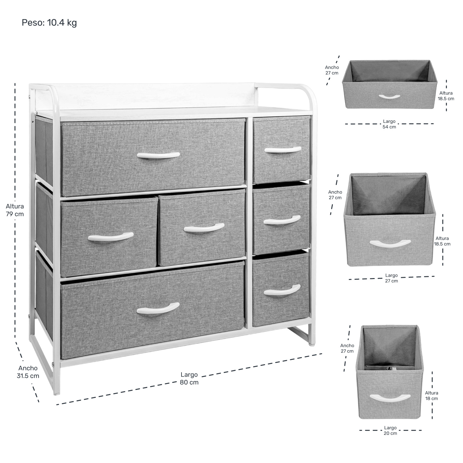 Mueble Buro Organizador Comoda Gris Metal 7 Cajoneras Tela