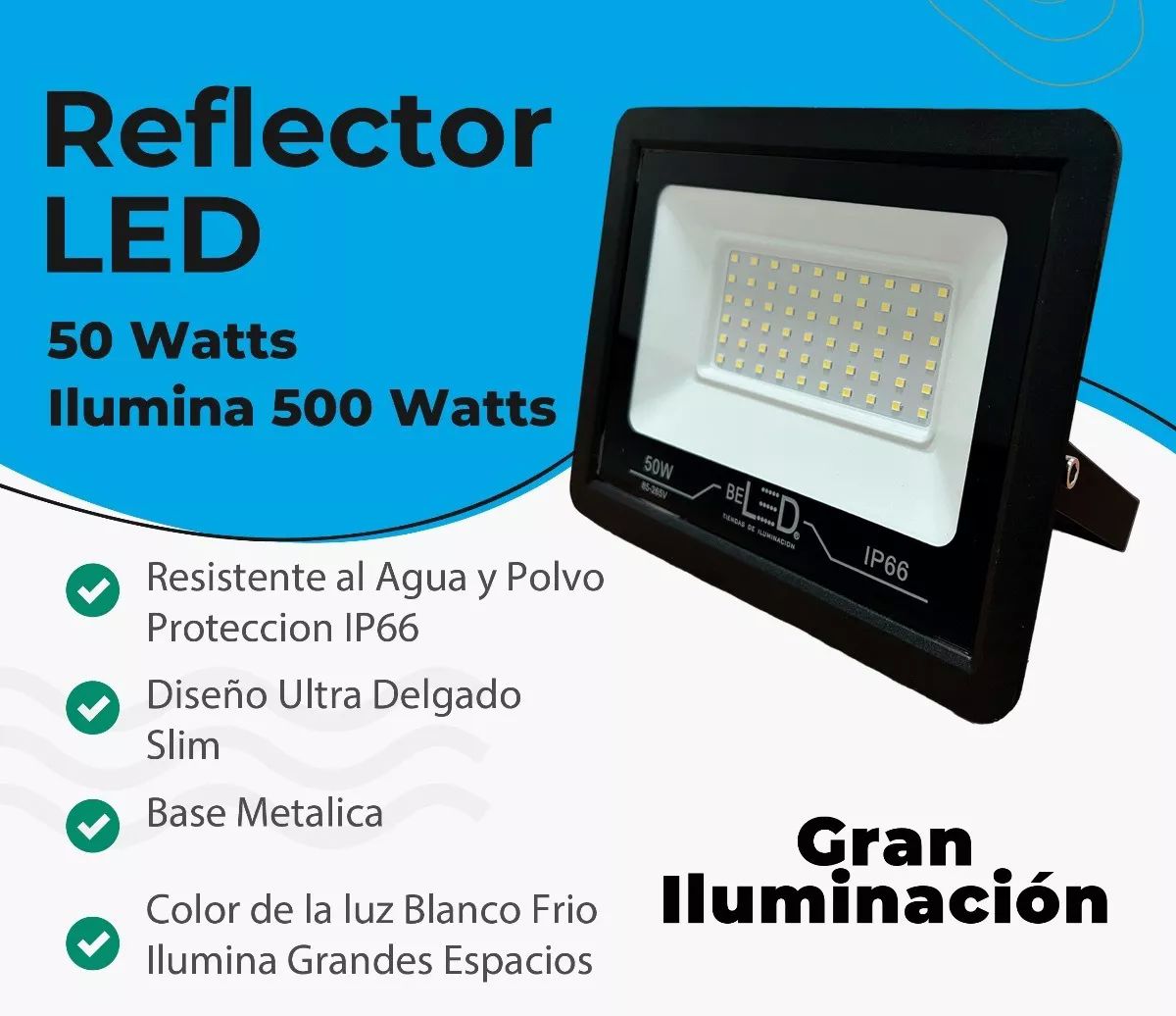 Reflector Led 50w Ultradelgado Exterior Alta Potencia Negro IP66