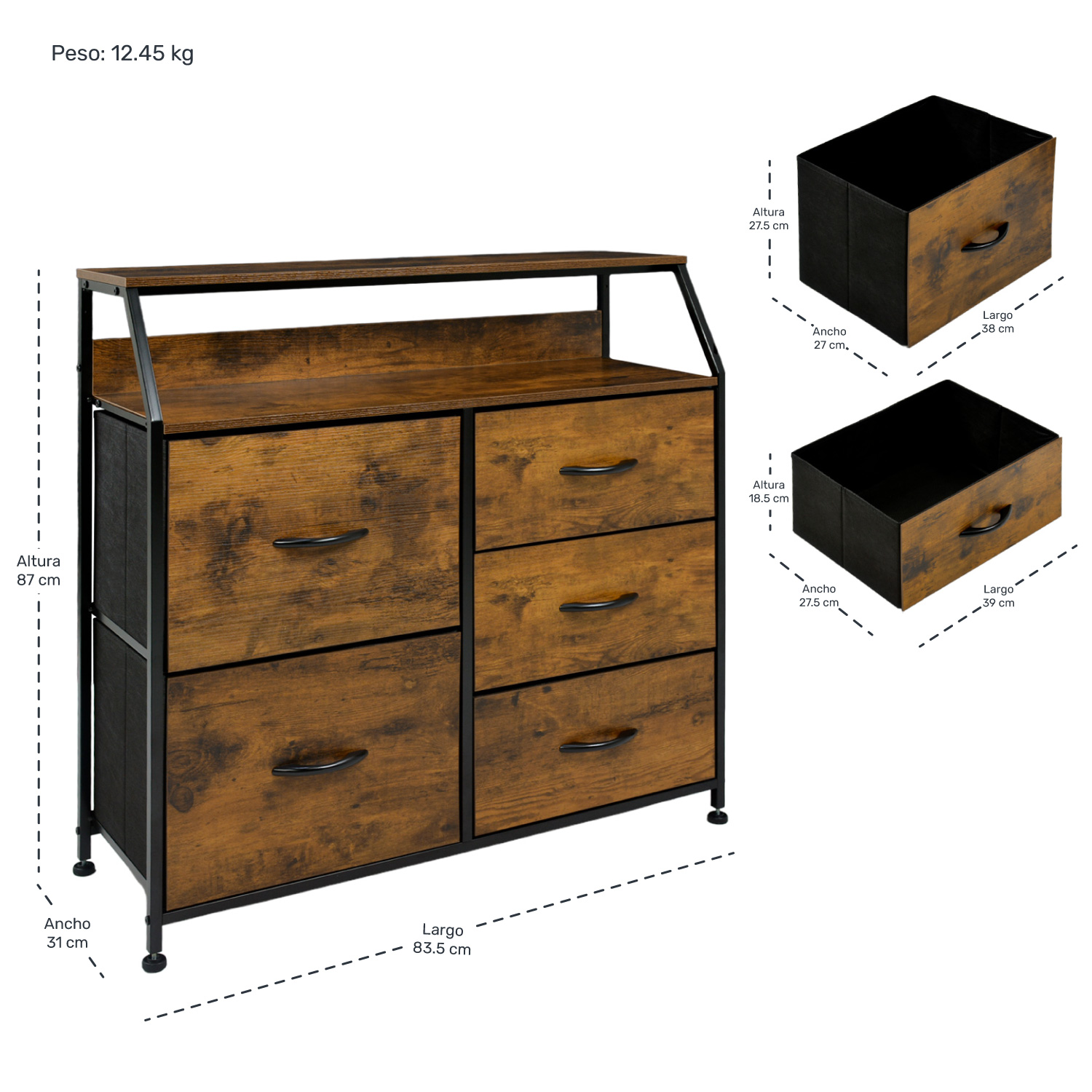 Comoda Cajonera Mueble 5 Cajones Marron Metal Organizador Madera