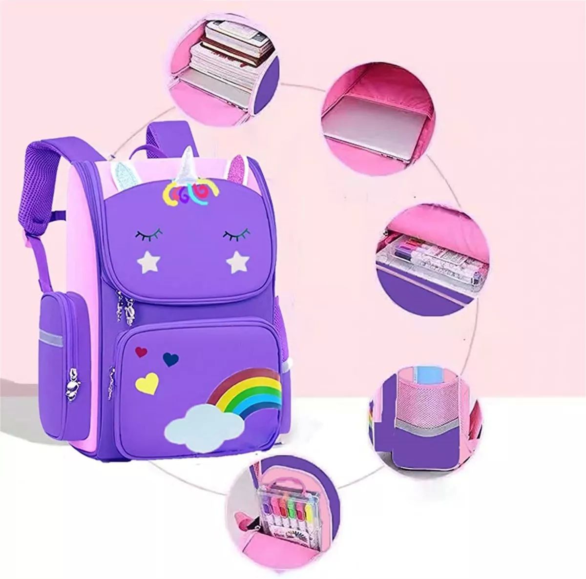 Mochila para niña de unicornio rosa preescolar primaria