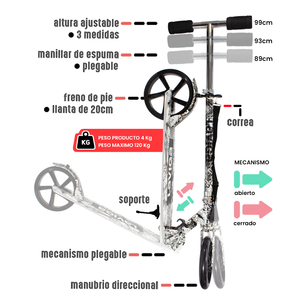 La Merced Scooter Plegable y Ajustable, Patín del Diablo con Manubrio Ajustable y 2 Ruedas, para Niños y Adolescentes