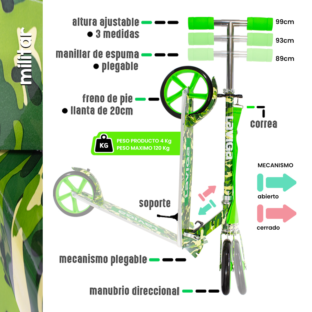 La Merced Scooter Plegable y Ajustable, Patín del Diablo con Manubrio Ajustable y 2 Ruedas, para Niños y Adolescentes