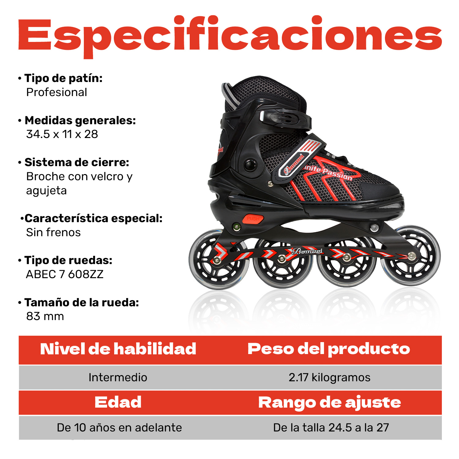 Patines En Linea Profesionales Ajustables 83mm 24.5-27 Abec7