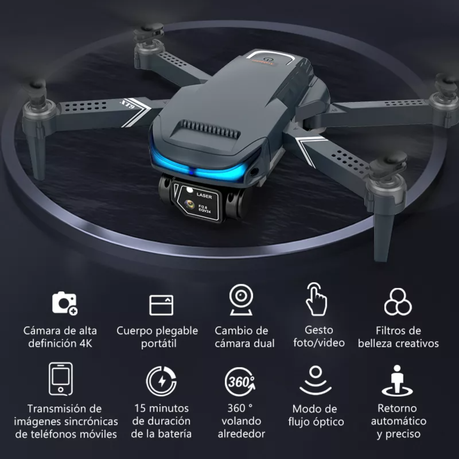 Mini drone Axnen 4K XT9 3 Battery con dual cámara HD 2.4GHz 3 baterías Oscuro Gris.