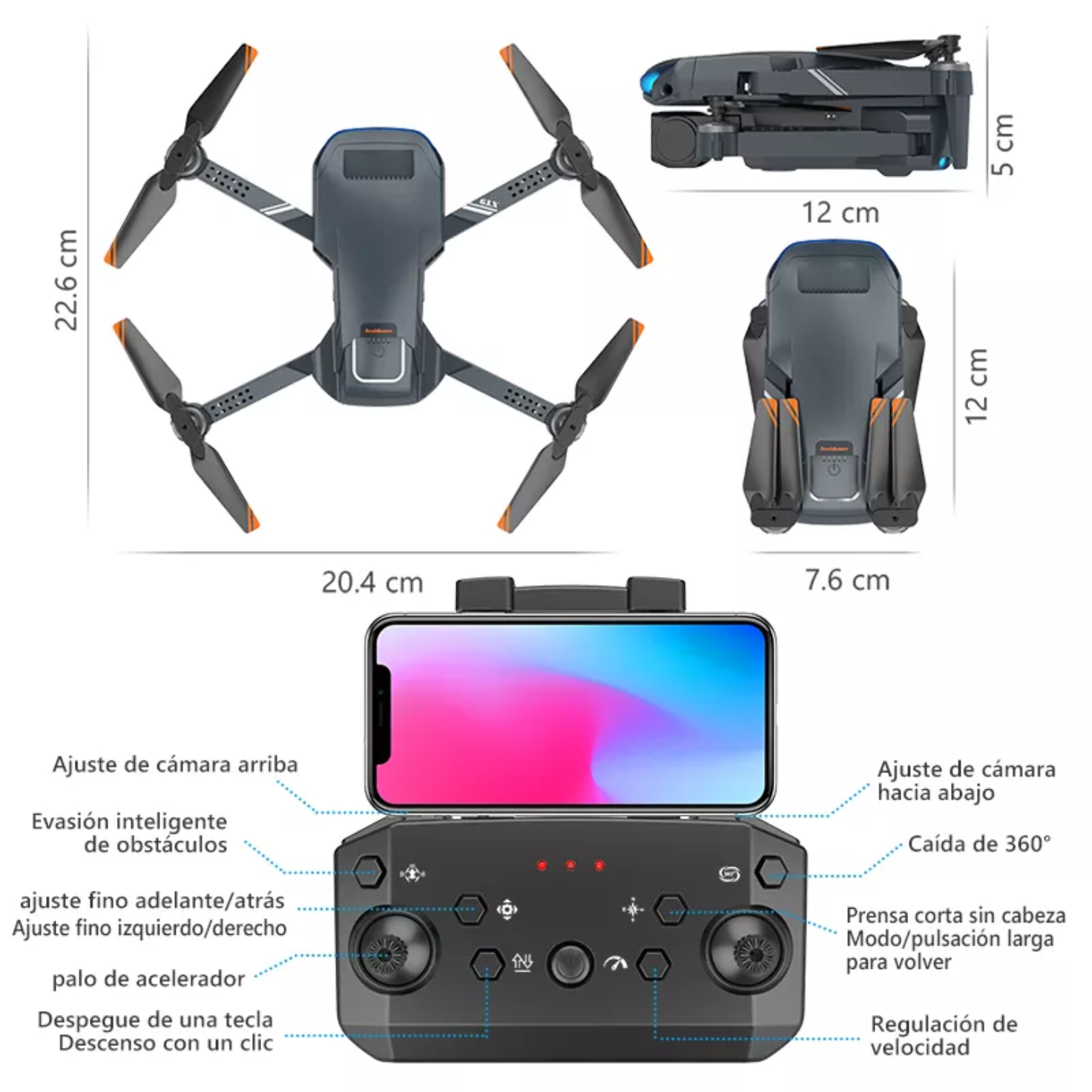 Mini drone Axnen 4K XT9 3 Battery con dual cámara HD 2.4GHz 3 baterías Oscuro Gris.