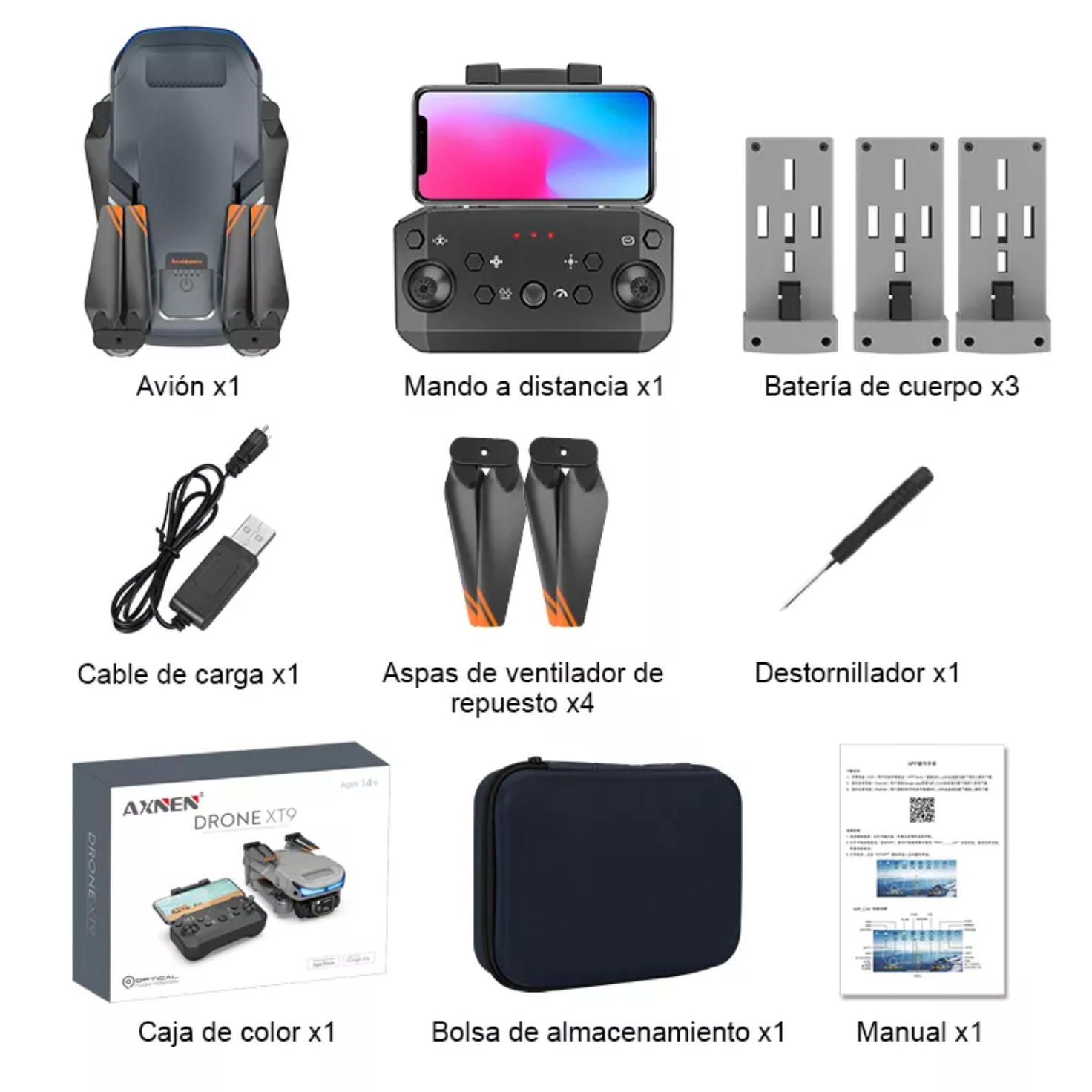 Mini drone Axnen 4K XT9 3 Battery con dual cámara HD 2.4GHz 3 baterías Oscuro Gris.