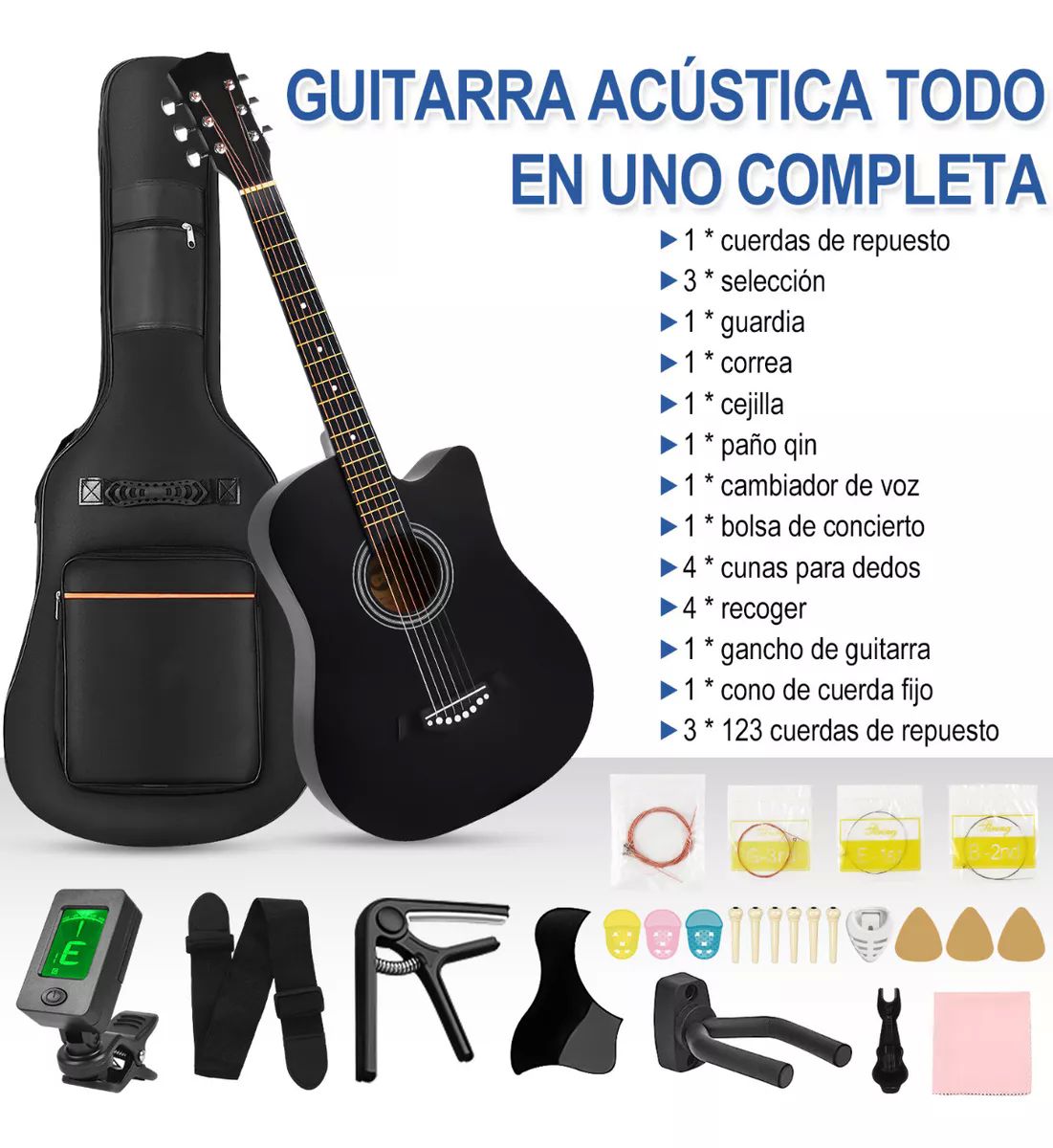 Guitarra Acústica Clasica 38 Inch Con Funda Y Accesorios