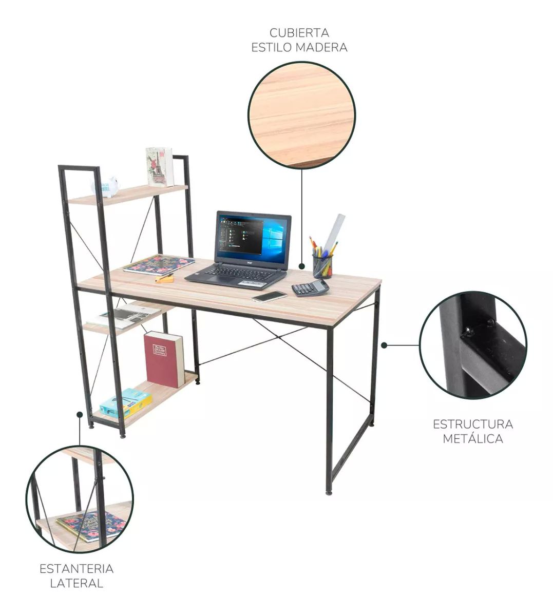 Escritorio De Madera Moderno Minimalista Con Repisas Oficina