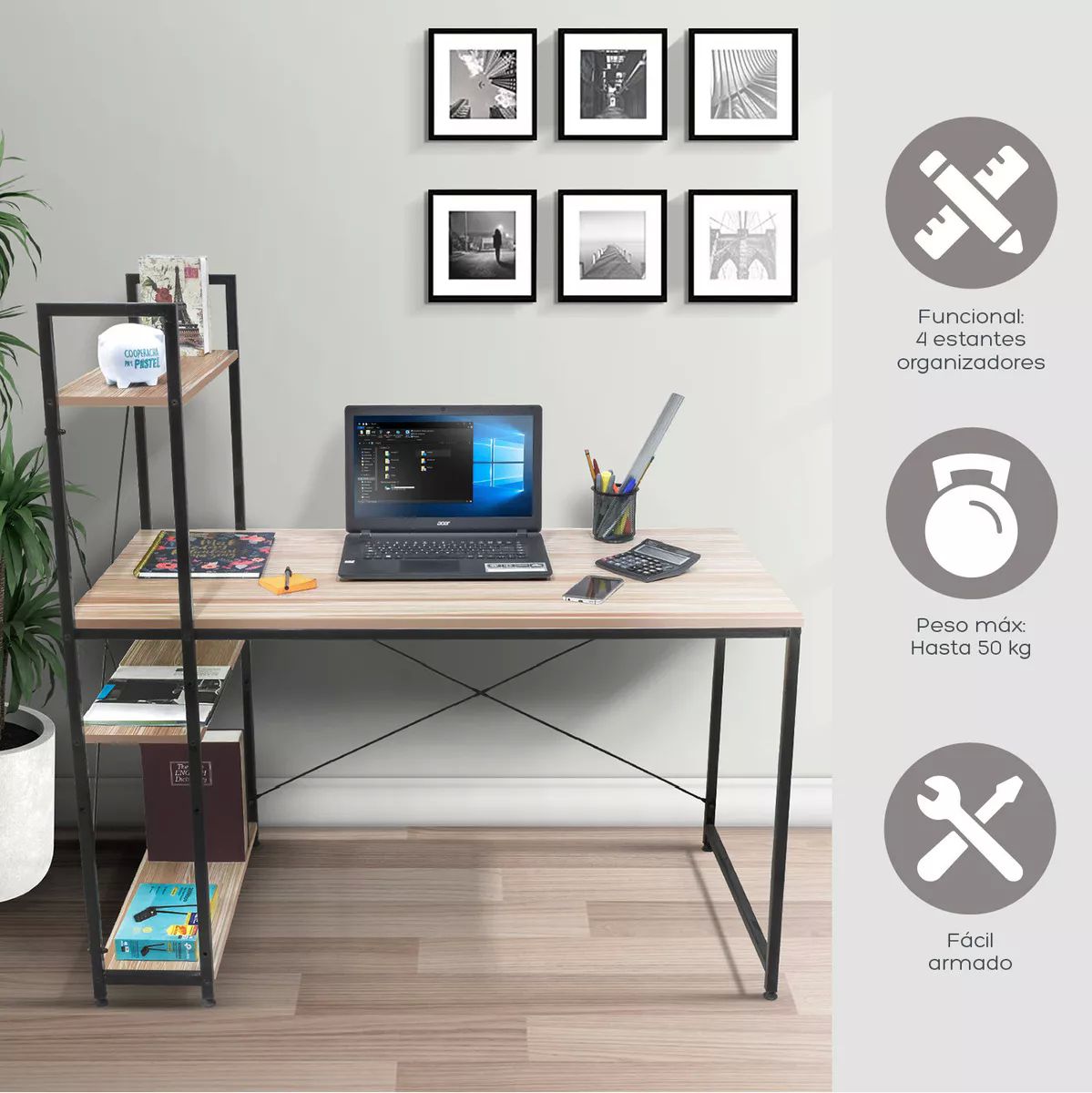 Escritorio De Madera Moderno Minimalista Con Repisas Oficina