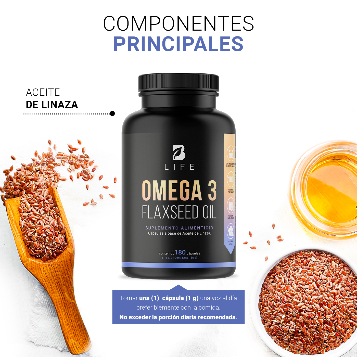 Omega 3 Aceite De Linaza 180 C psulas. B Life