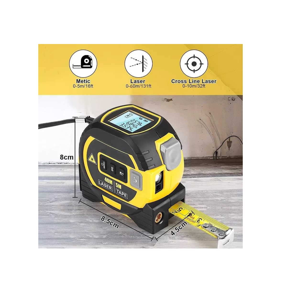 Medidor Láser De 60 Metros Con Cinta Métrica 2 En 1 Amarillo/Negro