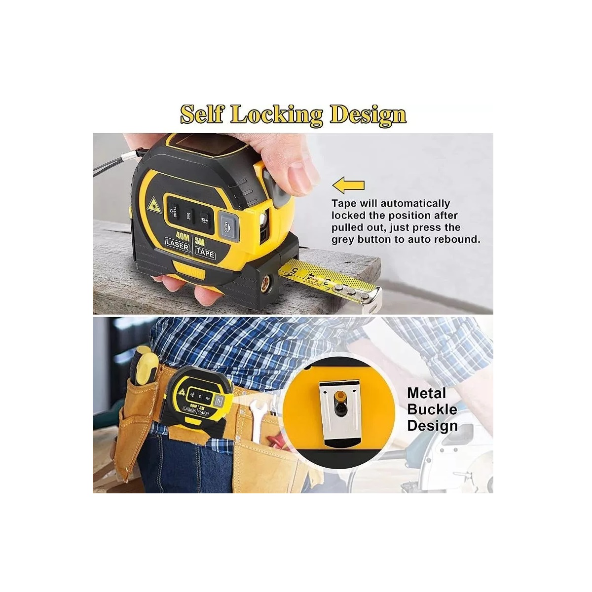 Medidor Láser De 60 Metros Con Cinta Métrica 2 En 1 Amarillo/Negro