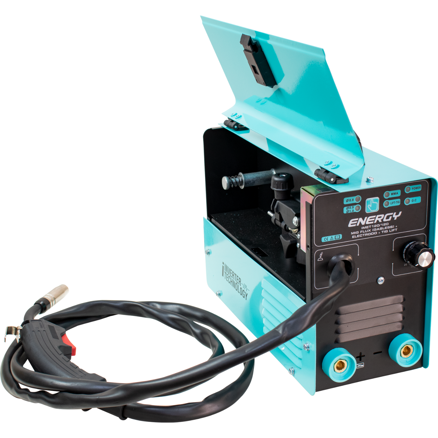 Soldadora con tecnología Inverter Multiprocesos 1Kg, MIG, electrodo 120A, TIG Lift, 120V,60Hz.