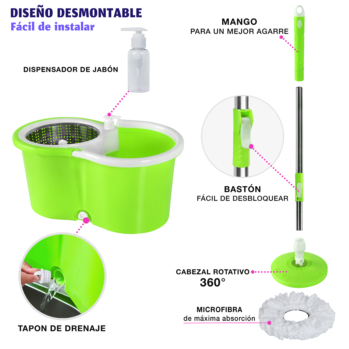 AGBOX Trapeador Giratorio Spin Mop 360° Sistema De Limpieza, Verde AG-SPINMOPVB.